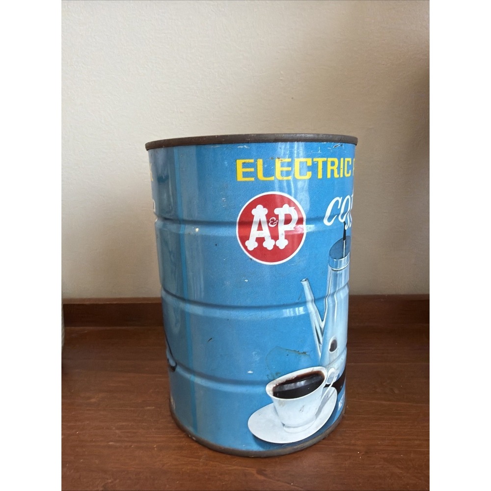 Vintage A P Metal Coffee Can Tin Electric Perk 1 lb Teal Blue - Picture 3 of 7
